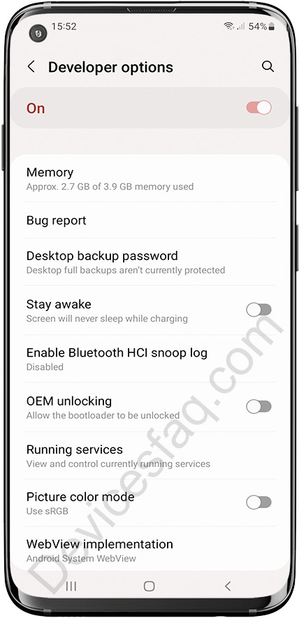 Samsung Developer Options activated