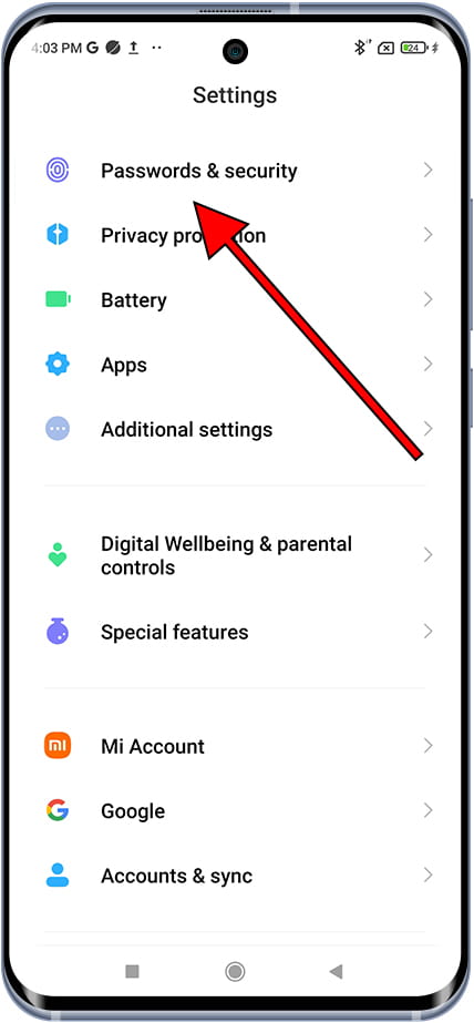 Passwords & security Xiaomi
