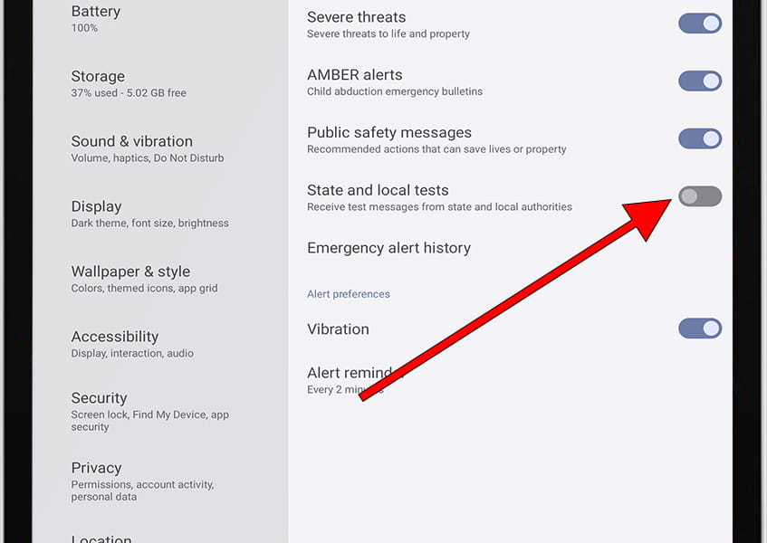 Activate or deactivate alertas de prueba Android