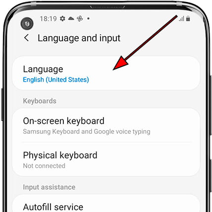 Languages menu Samsung